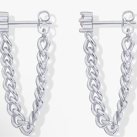 Solitaire Curb Chain Drop Earrings | White Gold Filled - Picture 7 of 7